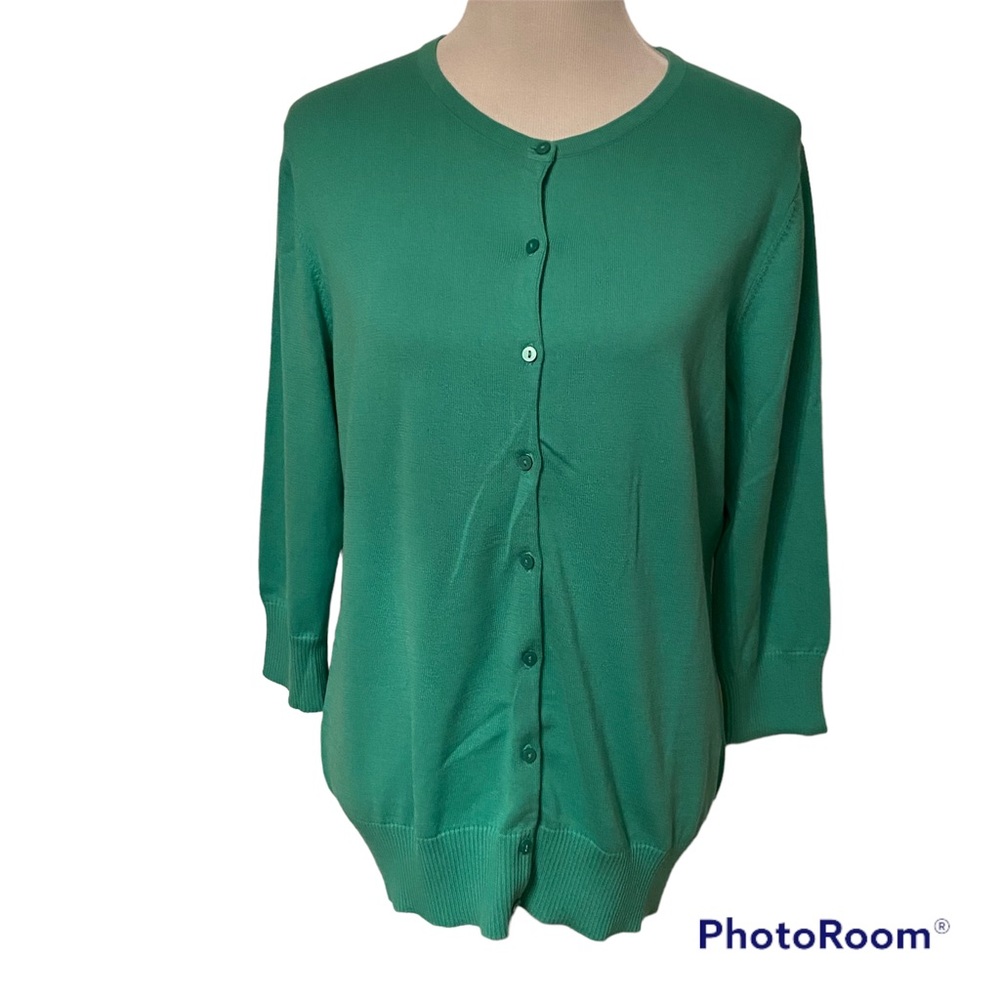 L.L. BEAN SWEATER CARDIGAN GREEN COTTON CREW NECK 3/4 SLEEVE SIZE L NWOT NEW